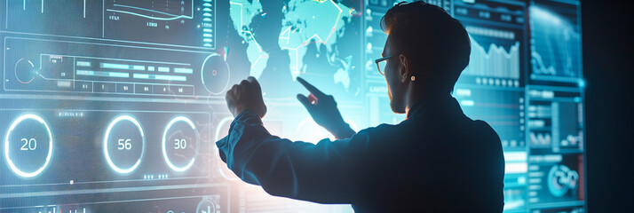 Poster - A man interacts with digital technology, showcasing business and communication concepts