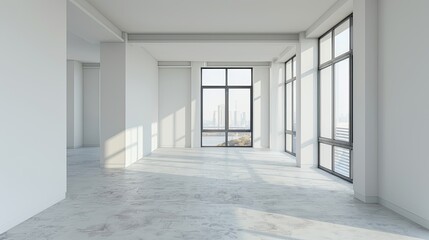  Concrete unfurnished room interior with copy space on walls, windows with city view and sunlight. Mock up, 3D Rendering 