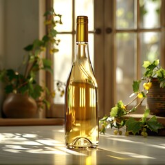 Mockup. of a clear yellow white wine bottle on a clean bright summer background. AI