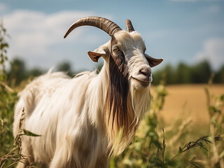 A milk-producing goat with horns grazes in a lush pasture