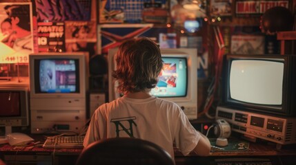 A teenager using a vintage computer from the 90s, surrounded by retro posters and decor, high detail, vibrant and nostalgic --ar 16:9 --style raw Job ID: 1dae2286-500c-414c-80c4-6dacfcc09c1c