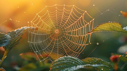Close focus on a spider web glistening with morning dew among garden plants