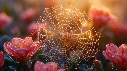 Close focus on a spider web glistening with morning dew among garden plants