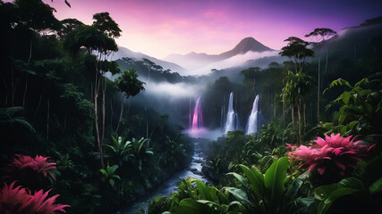 A breathtaking view of a mountain range with the first light of dawn illuminating the peaks. The sky is painted with hues of pink, orange, and purple, while a layer of mist covers the valleys below. T