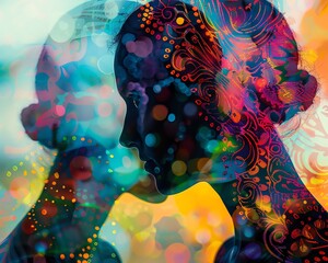 Poster - Vibrant double exposure portrait showcasing abstract patterns and bokeh lights blending with a woman's silhouette, creating a surreal artistic effect.