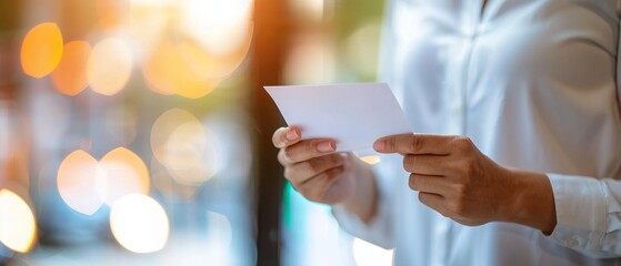 Close-up of a person holding a blank white card, indoor setting with a blurred background. Perfect for business or communication themes.