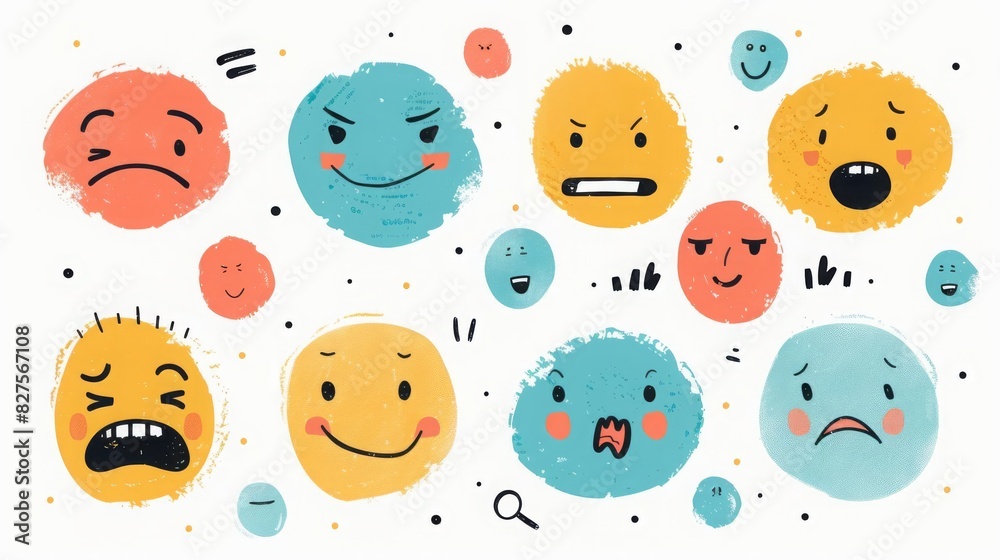 Round abstract comic Faces with various Emotions Crayon drawing style ...