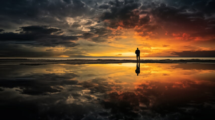 Silhouette of a man standing on the beach at sunset with dramatic clouds and reflections in the water. Solitude and contemplation concept. Scenic photography for poster and landscape design.