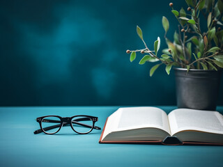 Wall Mural - Blue desk with books, glasses, coffee