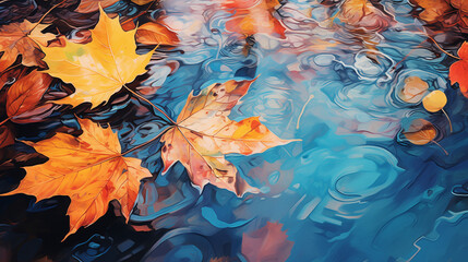 Wall Mural - Vibrant Fall Leaves Floating on Reflective Water