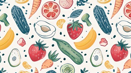 Hand drawn vegetables and fruits patterned background illustration