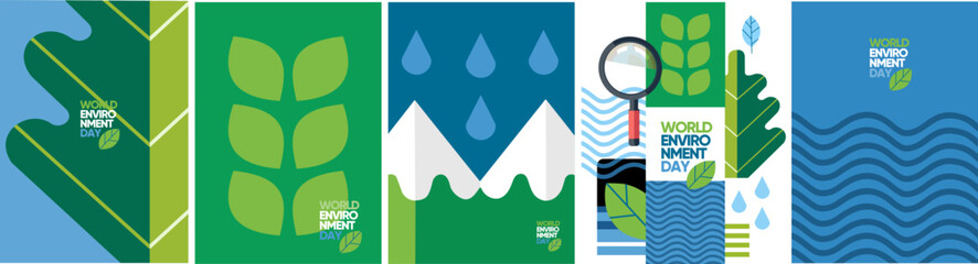 world environment day. vector abstract illustrations of leaves, water waves, mountains and magnifyin