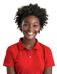 Young African American woman wearing job uniform, red polo t-shirt, for costume service. Isolated over transparent background