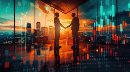 Aufkleber - Business professionals shaking hands in a modern office with cityscape and digital data overlay, symbolizing collaboration and success.