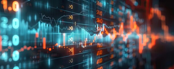 Aufkleber - Digital stock market chart with vibrant neon colors displaying financial data trends and analysis in a futuristic setting.