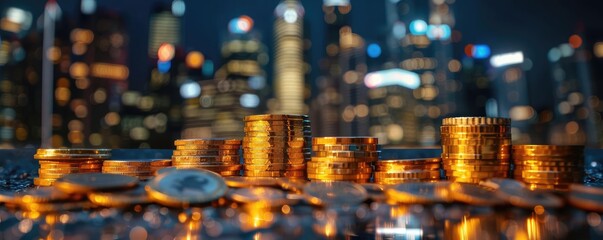 Poster - Golden coins stacked against a vibrant cityscape background at night. Capturing urban wealth and financial growth in a modern metropolis.