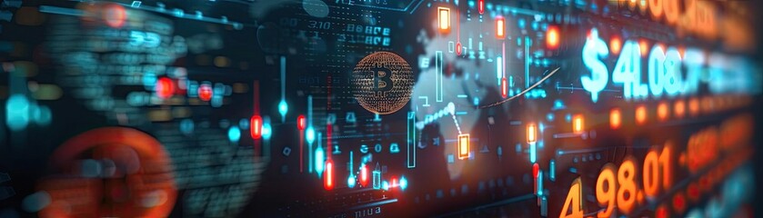 Poster - Digital stock market display with glowing numbers and graphs showcasing financial data and market trends in a futuristic setting.