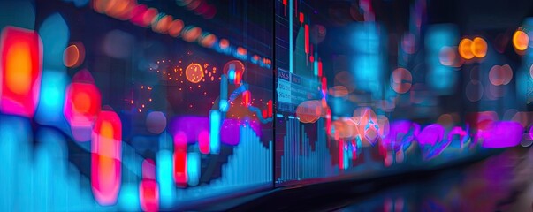 Aufkleber - Colorful financial graph and stock market data visualization with neon lights representing market trends and analysis for investment decisions.