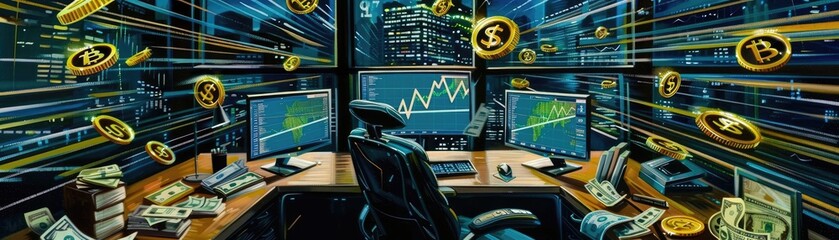 Aufkleber - A futuristic trading desk with multiple screens displaying cryptocurrency charts, floating coins, and high-tech graphics. Digital finance concept.