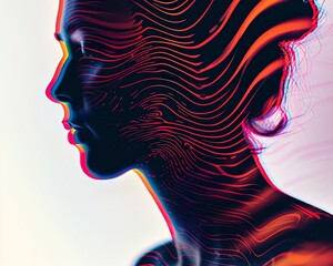 Poster - Digital art of a woman's silhouette with intricate, colorful, wavy patterns representing abstract technology and modern aesthetics.