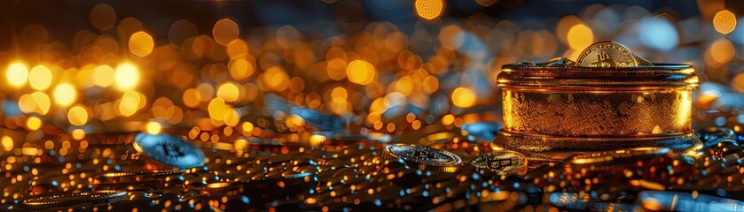 Poster - Glittering golden bokeh lights with a luxurious round jewelry box and sparkling gems, creating a festive and opulent ambiance.