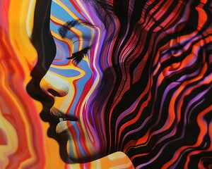 Poster - Vibrant and colorful abstract illustration of a woman's profile, blending vivid lines and patterns in a mesmerizing digital artwork.