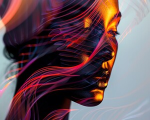 Poster - Stunning digital art of a woman's face with vibrant, swirling colors blending with a dark background, creating a mesmerizing visual effect.