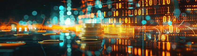 Poster - Digital currency concept with glowing binary code and stacked coins. Futuristic financial technology and cryptocurrency theme.