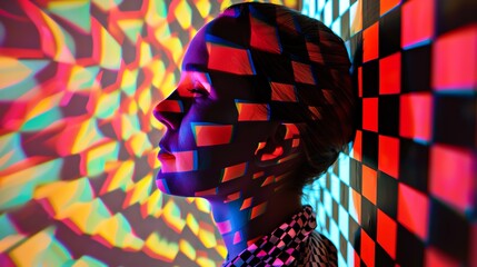 Poster - Woman's face illuminated by vibrant, colorful geometric light patterns, casting a creative shadow on the wall in an artistic setting.