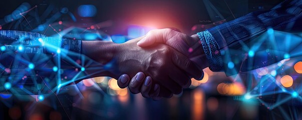 Aufkleber - Two business professionals shaking hands symbolizing successful partnership and networking in a modern, digital world with abstract connections.