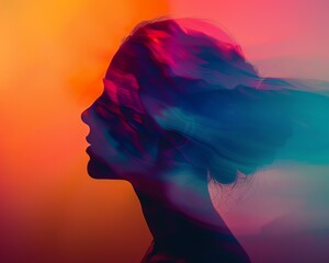 Poster - Silhouette of a person with abstract colorful light effects, creating a dreamy and vibrant visual aesthetic against a gradient background.