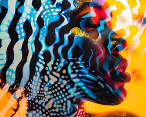 Poster - Vibrant abstract portrait of a woman with colorful patterns overlaying her face, blending art and nature in an expressive composition.