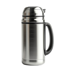 Stainless steel thermos bottle with handle for hot and cold beverages. Ideal for outdoor activities and everyday use.