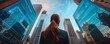 © Tin - Woman in business attire with ponytail looking up at modern glass skyscrapers in cityscape, representing ambition and urban career growth.