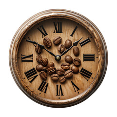 Creative wooden clock with Roman numerals and coffee beans arranged on the face, symbolizing coffee time and artistic design.