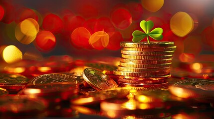 Poster - Golden coins with a green four-leaf clover, symbolizing luck and prosperity, set against a vibrant, bokeh background.