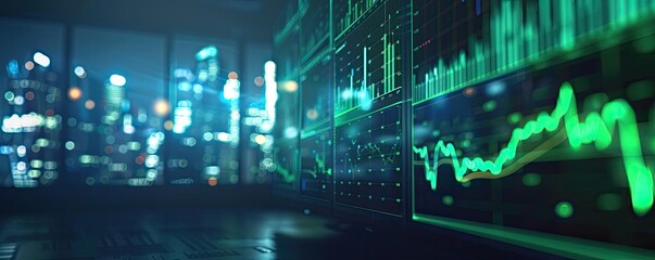 Poster - Abstract image depicting glowing stock market graphs in a modern office with cityscape view, highlighting financial growth and data analysis.