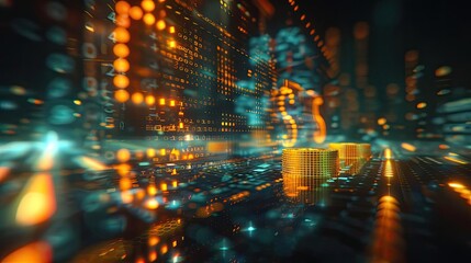 Poster - Abstract digital financial background featuring glowing neon lights and futuristic data visualization.
