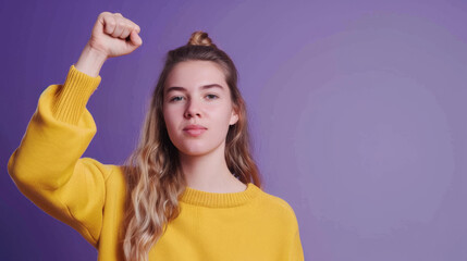 Confident young woman raises her fist in a gesture of strength and empowerment