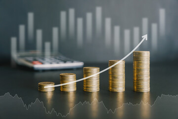 up stack golden money money coins on black desk with up curve arrow and graph. business and financia