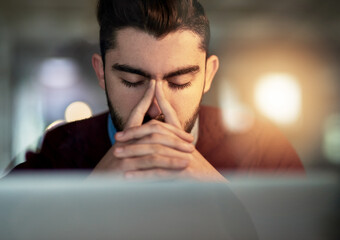 Poster - Tired, businessman and hands on face with laptop for thinking, stress and burnout in office with lens flare. Depressed, male person or employee for worry or concern at mistake on company project