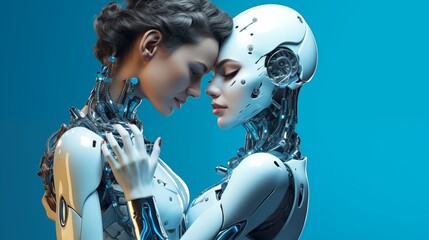 Wall Mural - Endearing 3D scene of a robot and girl kissing, isolated on a blue background