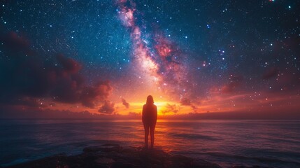 People standing on the rocky coastline at night Looking out at the ocean The sky was full of stars and the water was calm. The scene was quiet and peaceful. The person was amazed.