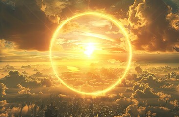 Wall Mural - A large golden circle is surrounded by a city. The sky is filled with clouds and the sun is shining brightly