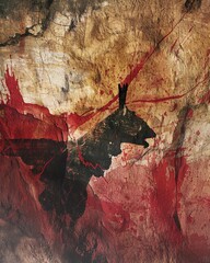 Poster - Abstract painting resembling an animal silhouette on a textured wall with vivid red and dark tones.