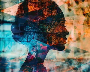 Poster - Abstract silhouette portrait blended with vivid colors and geometric patterns, creating a stunning visual art piece.