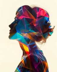 Poster - Silhouette of a woman with colorful geometric patterns. Vibrant abstract art blending human profile with multicolored shapes.