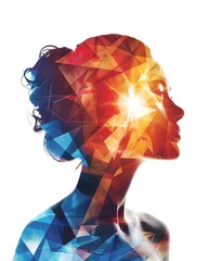 Poster - Double exposure silhouette of a woman's profile with abstract geometric shapes and vibrant colors, symbolizing creativity and imagination.