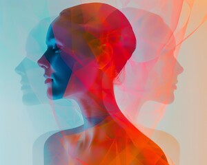 Poster - Abstract double exposure portrait of a woman with colorful translucent effects, creating an artistic and surreal visual composition.