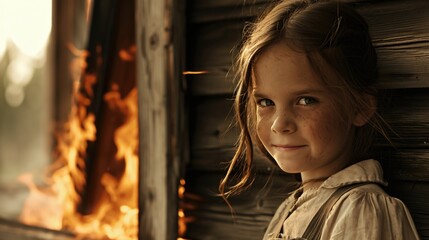 Wall Mural - A young girl stands in front of a burning building. She is smiling and looking at the camera